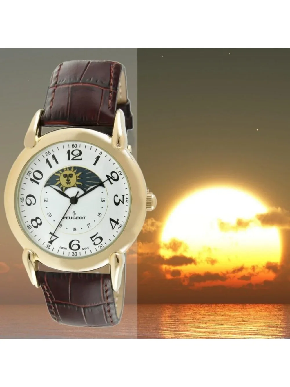 Vintage Moon Phase Leather Dress Watch - 14K Gold Plated Men's Timepiece